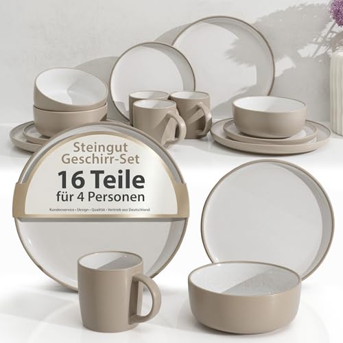 Hausfelder Geschirrset 4 Personen 16teilig, Steingut Geschirr Set, Tafelservice mit Speiseteller Frühstücksteller Schüsseln Becher, Mikrowellen & Spülmaschinenfest