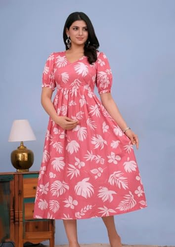 Image of Women's Maternity Feeding Dresses for Women, Easy Breastfeeding Dress, Cotton Blend Anarkali Dress with Nursing Zip for Pre & Post Pregnancy