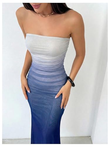 Image of GORGLITTER Women's Sunset Ombre Strapless Cocktail Bridal Shower Midi Dress | Orange Wedding Guest Dress, Mesh Tube Dress, Bridesmaid Dresses, Vacation Beach Sundresses,
