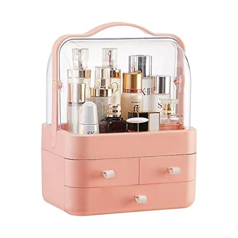 Portable Dustproof Makeup Organizer, Large Cosmetic Storage Display Box Case with Fully Open Lids and 3 Drawers for Bathroom Countertop Bedroom Dresser (Pink) Cover
