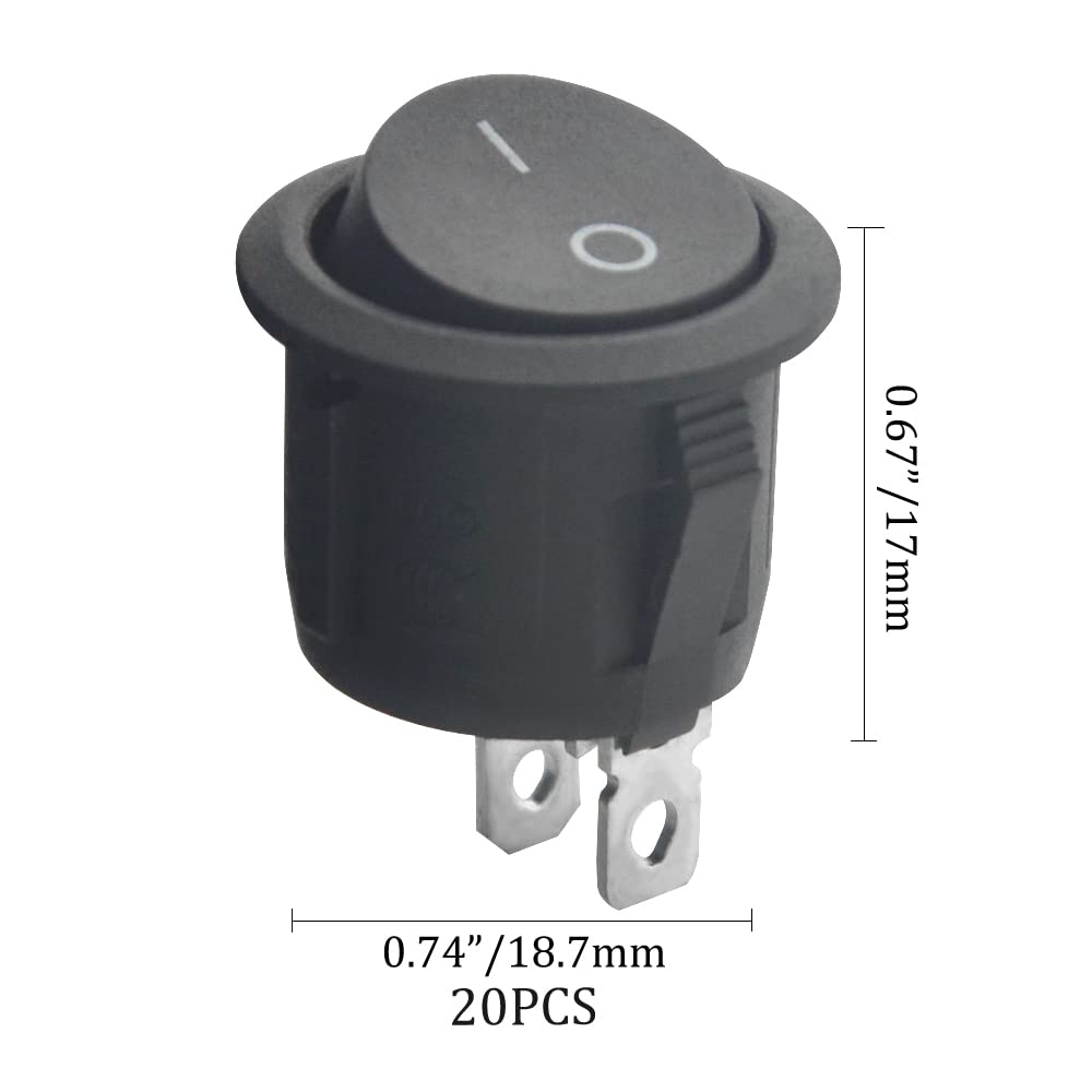 20Pcs Round Rocker Switch ON Off 2Pin SPST Boat Toggle Switches AC 6A/125V 10A/250V with Pre-soldered Wire for Car Auto Boat