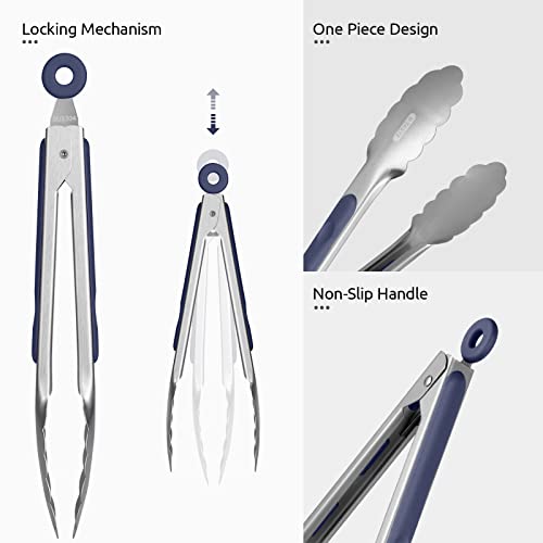 18/8 Stainless Steel Kitchen Tongs: U-Taste 7+9+12 Inch Heat Resistant Cooking Tong With Sturdy Metal Tips & Non Slip Silicone Handle & Smooth Locking For Serving Bbq Salad (Set Of 3, Midnight Blue) #TOP5