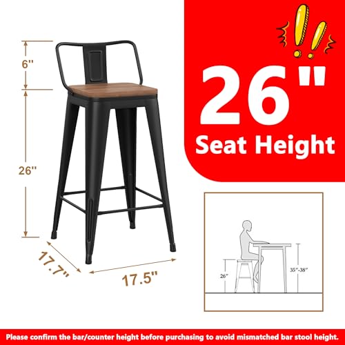 Image of WENTMENT Metal Bar Stools Set of 4 Counter Height Barstools with Removable Back 26 inch Kitchen Bar Stools with Wooden Seat, Black