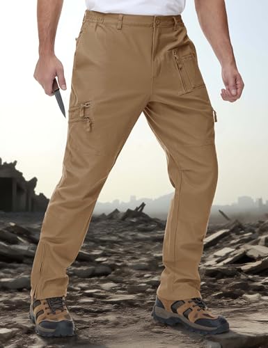 CRYSULLY Men's Working Ripstop Pants Tactical Hiking Stretch Pants Wild Combat Zipper Pockets Trousers Wolf Brown 36