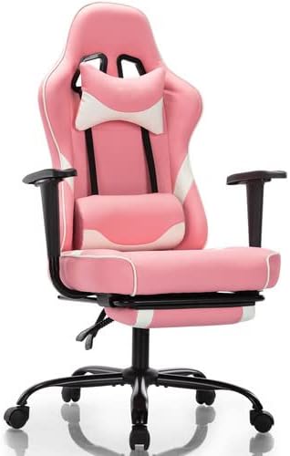 OLIXIS Reclining Gaming Home Office Computer Desk High Back PU Leather Executive Task Chairs with Massage Lumbar Support, Footrest, Pillow Headrest, Pink