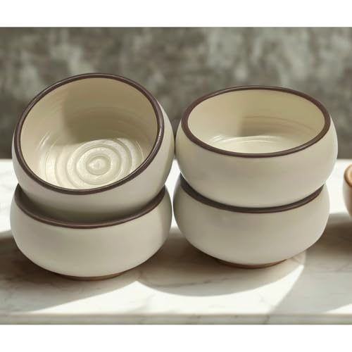 Image of Freakway Ceramic Bowls Set of 4, 150 ML, Cream with Brown Rim