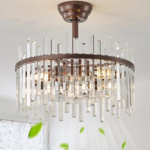 Image of Brown Fandelier Ceiling Fans with Lights, Crystal Chandelier Ceiling Fan with Light Remote Control, Mid Century with 6 Speeds for Bedroom, Living Room