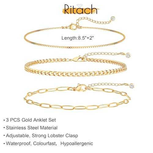 Image of Ritach Ankle Bracelets for Women - Silver /Gold Plated Stainless Steel Anklets for Women Waterproof Layered Cuban Link Figaro Chain Heart Anklets Set Summer Beach Jewelry Gifts