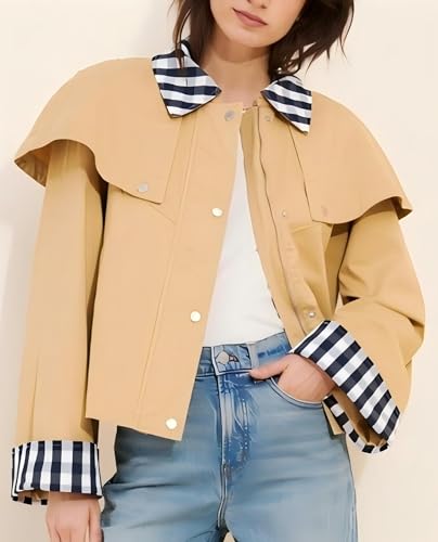 Women’s Gingham Trim Cape Jacket Lightweight Cotton Cropped Trench Coat with Snap Button and Contrast Cuffs4