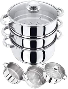 Steamer Cooking Pot 22cm, 3 Tier Stainless Steel Food Steamers for Healthy Cooking, Induction, Gas, Electric Hobs, Dishwasher Safe, Glass Lid, Vegetable Steamer Basket with Handles