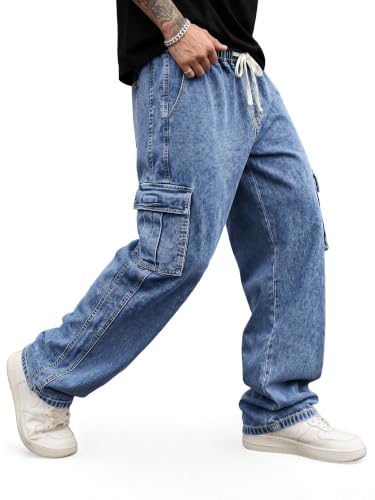 Image of JMIERR Men's Stretch Cargo Jeans Loose Straight | Over 60% Cotton Blend, Stretch Denim, Drawstring Waist, 5-Pocket Design, Loose Straight Fit, Casual Workwear Jeans