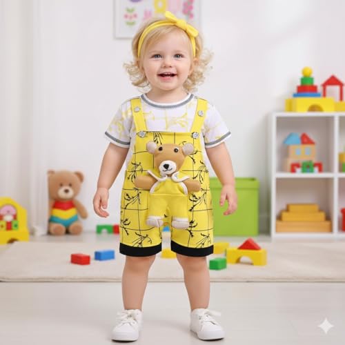 Image of A.T.U.N. (ALL THINGS UBER NICE) Baby Girls Cotton Denim Dungaree Set with 3D Teddy Bear Design |Printed T-Shirt with Adjustable Straps | Stylish & Comfortable Daily Outfit for Baby Unisex