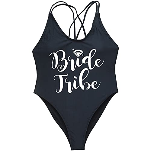 Women Bride Tribe Swimsuit for Bridesmaids One Piece Custom Monokini Cross Back with Pad Black (Bride Tribe), Small, s