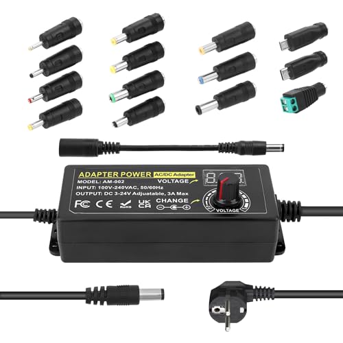 72W Universal Einstellbares Netzteil Adapter 100V-240V AC to DC 3V-24V 3A Konverter Netzteil,Einstellbarer Netzadapter mit 14 Tipps & Polaritätskabel-3A Max