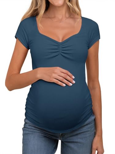 Tankaneo Womens V Neck Maternity Tops Cap Sleeve Fitted Breastfeeding T Shirts Summer Pleated Pregnancy Clothes Navy