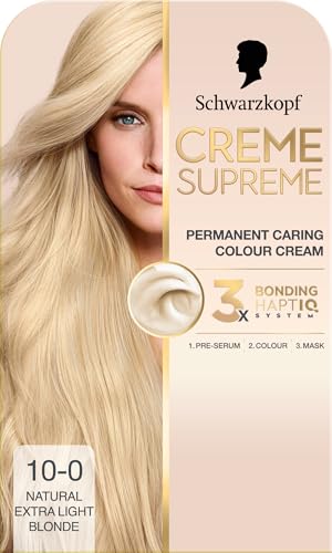 Schwarzkopf Creme Supreme 10-0 Natural Extra Light Blonde Permanent Hair Dye Caring Hair Dye Colouration with 3-Step Bonding System Against Damage 100% Grey Coverage