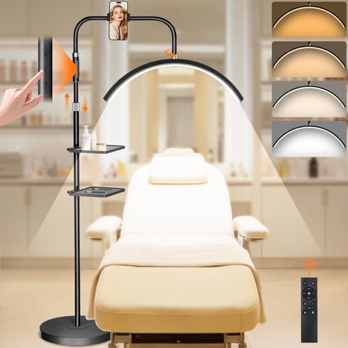young master Half Moon Lash Light 24W 1500LM Dimmable LED Floor Lamp with Adjustable Height for Lash Techs Tattoo & Nail Artists 4 Color Modes Phone Holder & 2 Trays