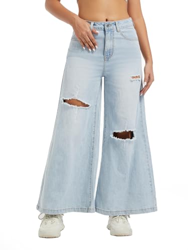 Women's High Waisted Wide Leg Pants Loose Fit Distressed Stretchy Denim Ripped Straight Leg Jeans