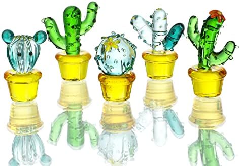 H&D HYALINE & DORA 5pcs Glass Cactus Art Hand Blown Figurines Glass Miniature Cactus Simulation Desert Plants Collectibles Home Table Decoration Ornament