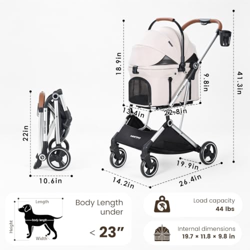 Image of T3 Pro Small Dog Stroller (Beige) | Detachable Carrier, Aluminum Alloy Frame, Easy Assembly, Easy to Store, Larger Rear Wheel, Large Storage Basket