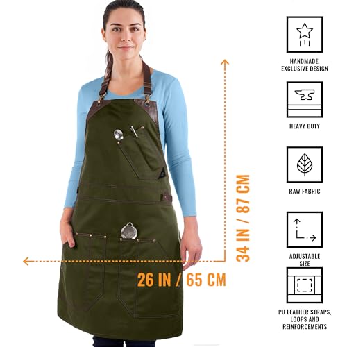 Under NY Sky Barista Apron - Brown Leather Straps and Reinforcement - Riveted Pockets - Double Stiched - Leather Ring Loop - Professional Green Twill - Double as Half Bistro Apron - Chefs, Bartender