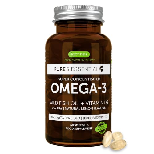 Igennus Omega-3 Advanzado Aceite de Pescado y D3 1000 UI, 1 al día, 60 Dosis, Certificado por IFOS, Ácidos Grasos EPA y DHA,Forma de Triglicéridos rTG,de Acción Rápida, Ultrapuro,Sabor Natural a Limón