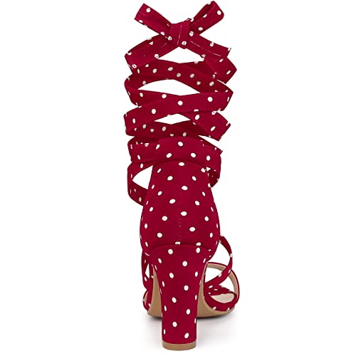 Allegra K Allegra K Women's Polka Dots Strappy Heels Lace Up Red Chunky Heels Sandals 6 M US
