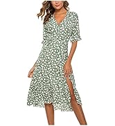 Summer Floral Dress for Women Midi Length V Neck Short Sleeve Dress Flowy Hawaiian Boho Aesthetic...