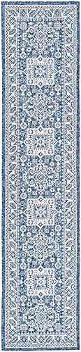 Rugs.com Outdoor Aztec Collection Rug – 12 Ft Runner Blue Flatweave Rug Perfect for Hallways, Entryways