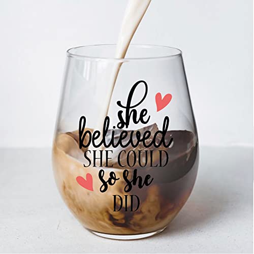 Perfectinsoy She Believed She Could So She Did Wine Glass With Gift Box, Funny Stemless Wine Glass 15 Oz, Spiritual Inspirational Gifts, Graduation Gift For Her For Women #TOP2