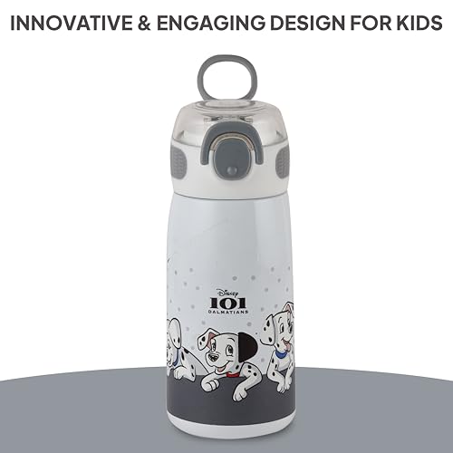 Image of Cello Kidzbee Flare 450 Insulated Stainless Steel Sipper Water Bottle 444 ml, White | Dalmatians Cartoon Design Hot & Cold Bottle | Vacuum Insulated Leakproof Easy to Carry Water Bottle for Kids