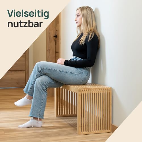 BAM BOO BOX Sitzbank aus Bambus – stabile Holzbank ohne Lehne für Flur, Bad, Küche, Esszimmer oder Schlafzimmer – kleine Sitzbank Holz 90x33x43 cm – bis 250 kg belastbar