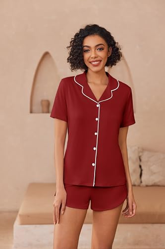 Image of Ekouaer Pajamas for Women Set Button Up Sleepwear 2 Piece Pjs Lounge Set Short Sleeve Nightwear