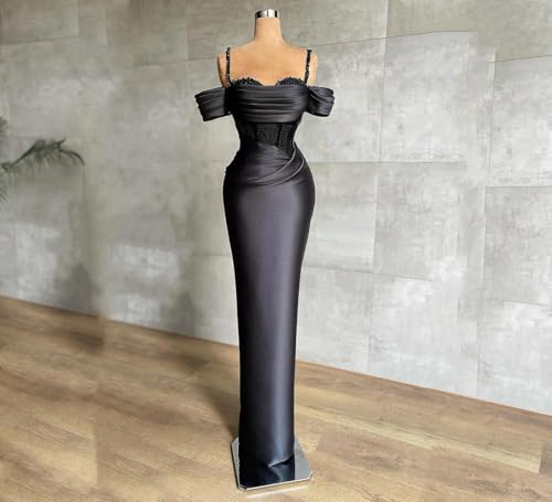Jorshiman Womens Black Satin Spaghetti Straps Mermaid Lace Modern Floor Length Formal Wedding Party Dress2