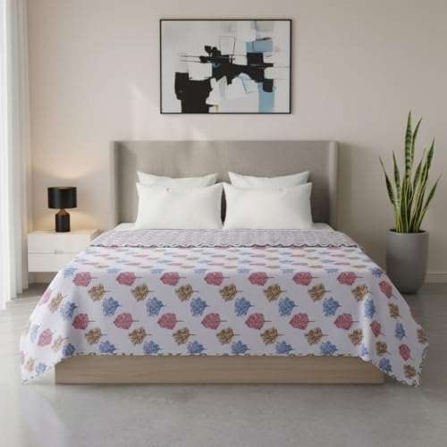 Image of HOMEMONDE 100% Cotton Reversible Dohar Double Bed Size | 300 TC AC Blanket Comforter | Soft Lightweight Bed Blanket Quilt | Premium Gift Box Included (84 x 94 Inch, Multicolor & White, Pack of 1)