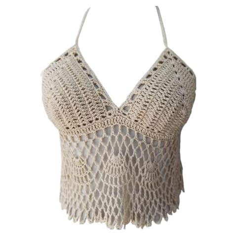 tinacrochetstudio Black Bikini Halter Top Handmade Crochet Crop Top (Cream, M) Cover