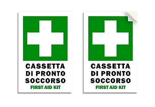 ✅ 2 Adesivi in vinile, per porte, mobiletti, cassetta e/o valigetta di pronto soccorso, misura Cartello10x15 cm
