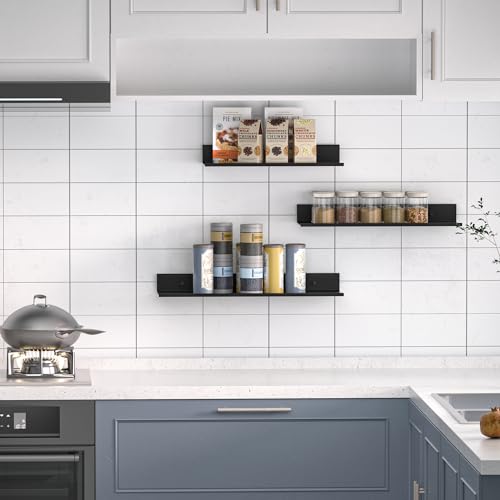 Wisfame Wandregal Metall 3er Set, Schweberegal Schwarz Ohne Bohren, Badezimmer Regal Duschablage Wasserdicht, Modern Wandboard für Dekos Regalbrett für Wohnzimmer, Küche, Arbeitszimmer