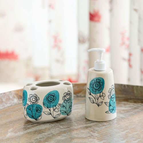Image of ExclusiveLane 'Aqua Bloom' Hand-Painted Ceramic Bathroom Accessories Set of 2 (Liquid Soap Dispenser for Wash Basin, Paste & Toothbrush Holder) |Handwash Dispenser |Bathroom Organiser Set