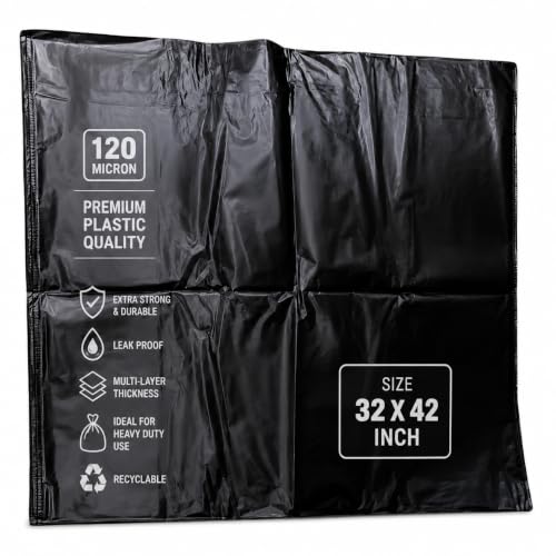 Image of Malik Large Garbage Bags I 32 x 42 Inches (Black) I120 Micron | Heavy Duty Trash Bags I Kitchen I Office I Industrial & Commercial Waste I Weight 1 kg I