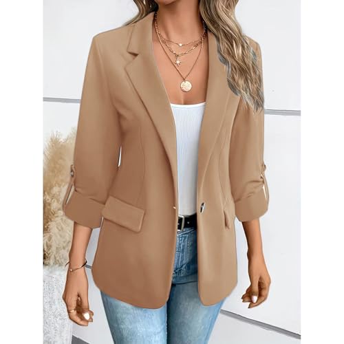 Women Blazers 3/4 Roll Sleeve Lapel Blazer Jacket Button Down Open Front Coat Casual Business Jackets with Pockets3