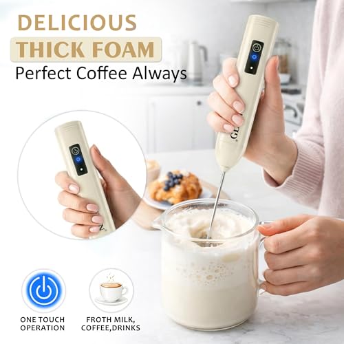 Image of GLUN Portable Coffee Frother Vibe Olive Green Colour 1 Piece, Type-C Port Rechargeable Handheld Milk Frother with 2-Layer Detachable Steel Whisk, Fast Foam Maker for Latte, Cappuccino & Coffee