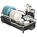 SNTD Dish Drying Rack, Expandable Dish Rack for Kitchen Counter, Stainless Steel Dish Drainer with Drainboard Set and Utensil Holder (Black)