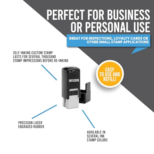 Infusion Self-Inking Custom Rubber Stamp (1/2\" x 1/2\") - Personalized Stamp for Office, Business, and Home Use - Customizable Text - Choose from 16 Colors