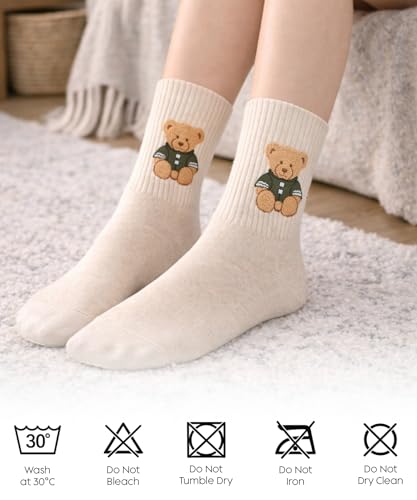 Image of bony&katia Cute Teddy Bear Crew Socks for Women and Men 3 Pairs Set - Soft Breathable Cotton - Gift Idea for Mothers Day