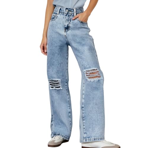 Girls Ripped Jeans Distressed Denim Cotton Baggy Pants Straight Wide Leg Lightweight Comfortable High Waist for 8-14Y