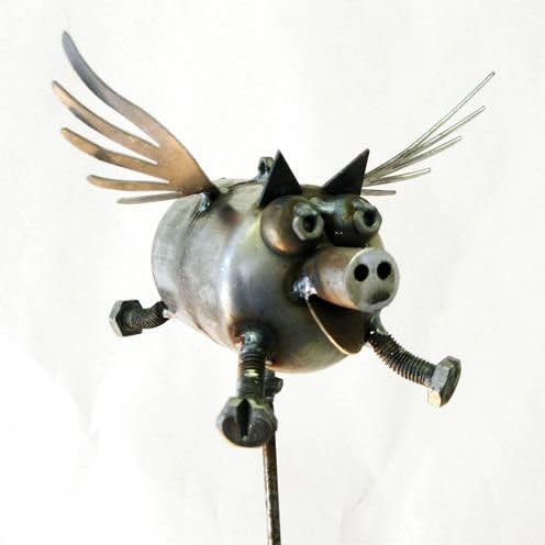 Welded Metal Art Mini Flying Pig "Ham Hawk" with Stake