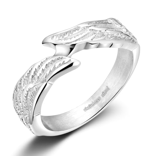 TIGRADE Antique Stainless Steel Ring Feather Angel Wing Cast Black Silver Band Size 4.5-14.5