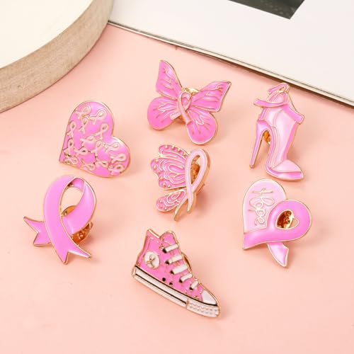 Image of Breast Cancer Awareness Pins for Women Enamel Pink Ribbon Lapel Pins Fight Breast Cancer Brooches Heart Hope Butterfly Brooch Pins Breast Cancer Awareness Jewelry Accessories Outfits