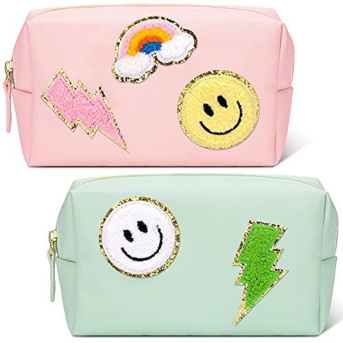 2 Pieces Preppy Patch Small Toiletry Bag Smile Face Bolt Heart Rainbow Waterproof Cosmetic Bag Travel PU Leather Makeup Pouch Women Girls Toiletry Case Cute Zipper Pouch for Purse (Pink, Blue, Smile)